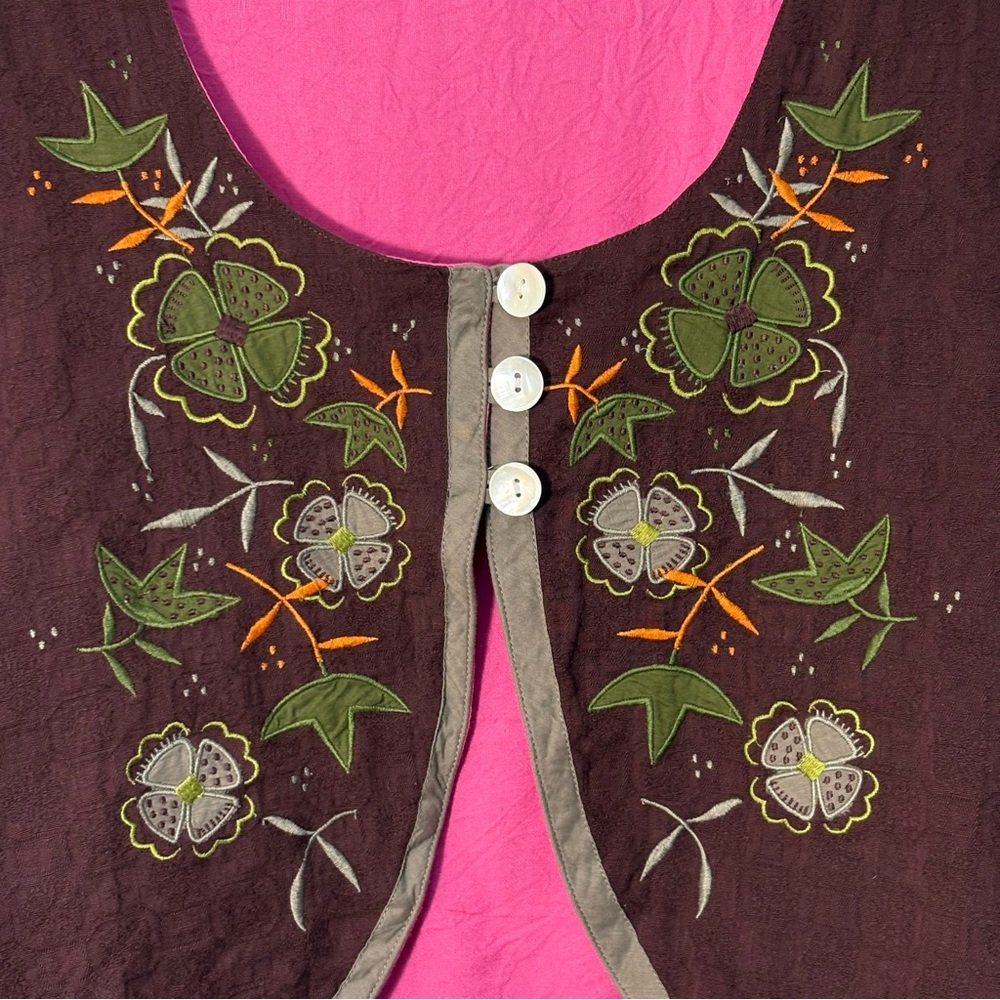 Gudrun Sjoden 100% Organic Cotton Brown Embroidered Vest with Pink Lining - Picture 5 of 16